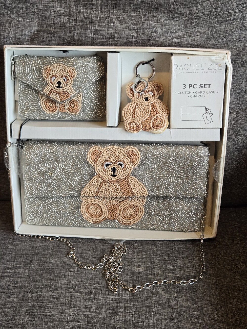 Rachel Zoe Beaded Teddy Bear Clutch,8 Wallet and Key Chain 3-Piece Set